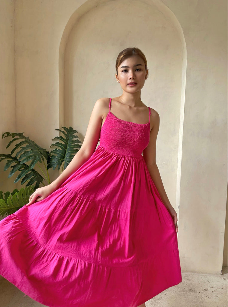 Carla Ruiz 97573 Fuchsia Pink Print Midi Pleated Dress | Fab Frocks